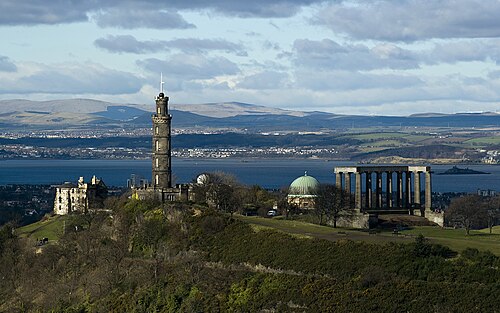 Calton Hill in Edinburgh with the Firth of Forth behind
