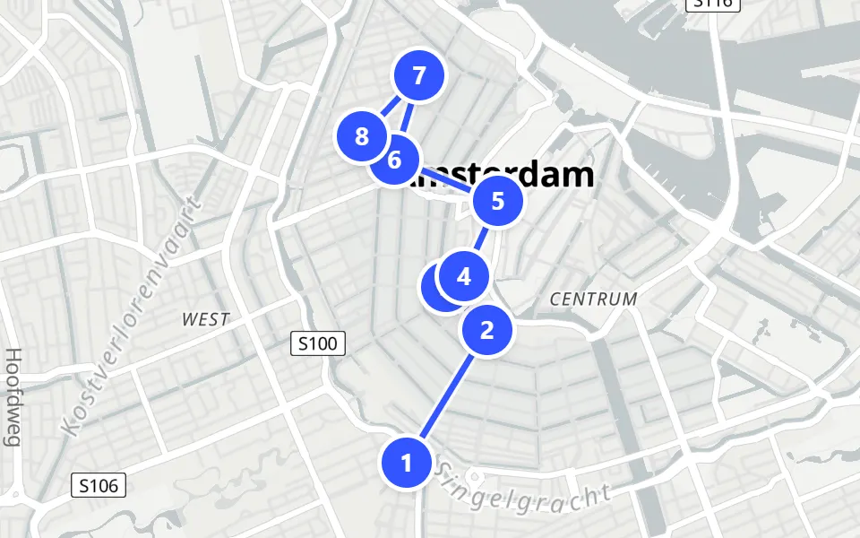Karte von Tag 1 in Amsterdam: 8 Stopps in Gehreihenfolge