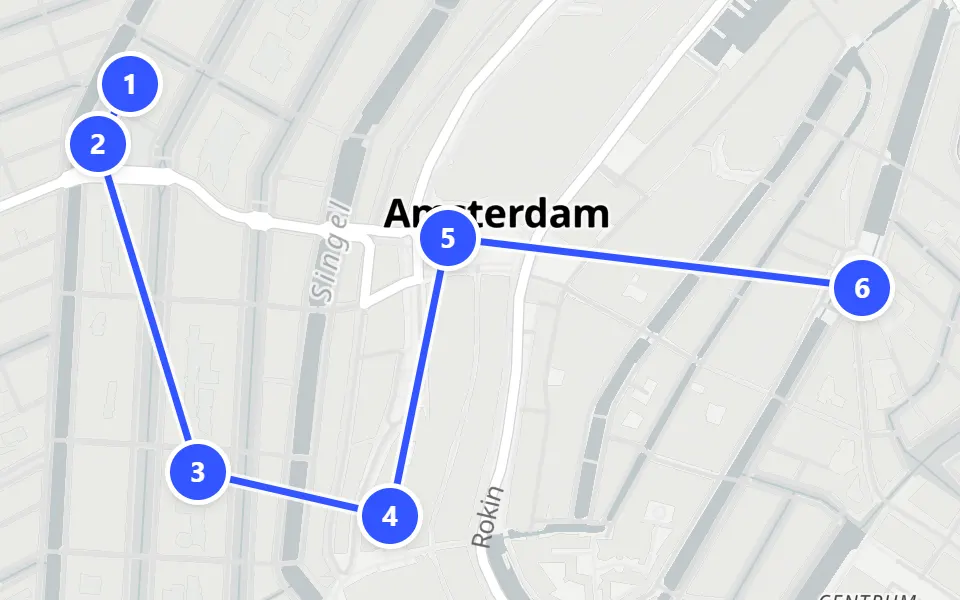 Map of day 1 in Amsterdam: 6 stops in walking order