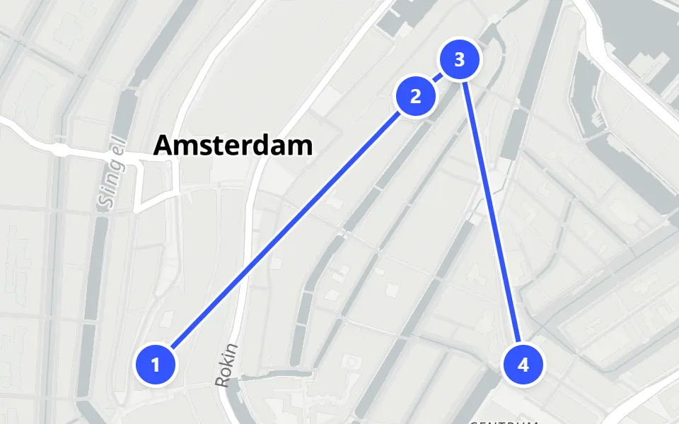 Karte von Tag 1 in Amsterdam: 4 Stopps in Gehreihenfolge
