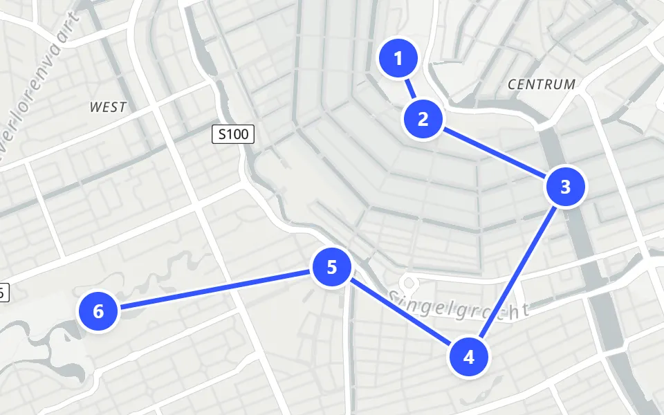 Map of day 1 in Amsterdam: 6 stops in walking order