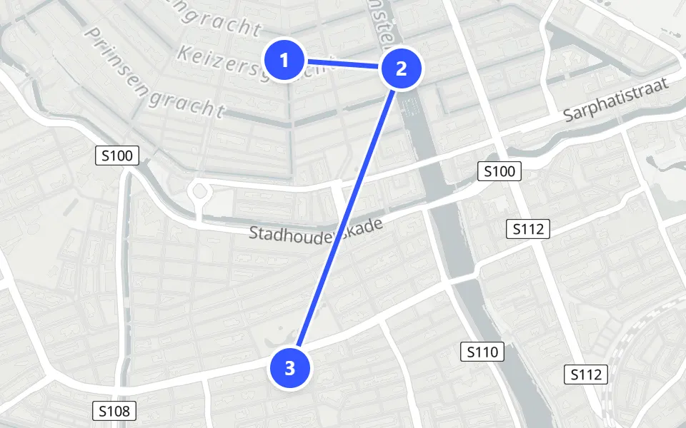 Karte von Tag 1 in Amsterdam: 3 Stopps in Gehreihenfolge