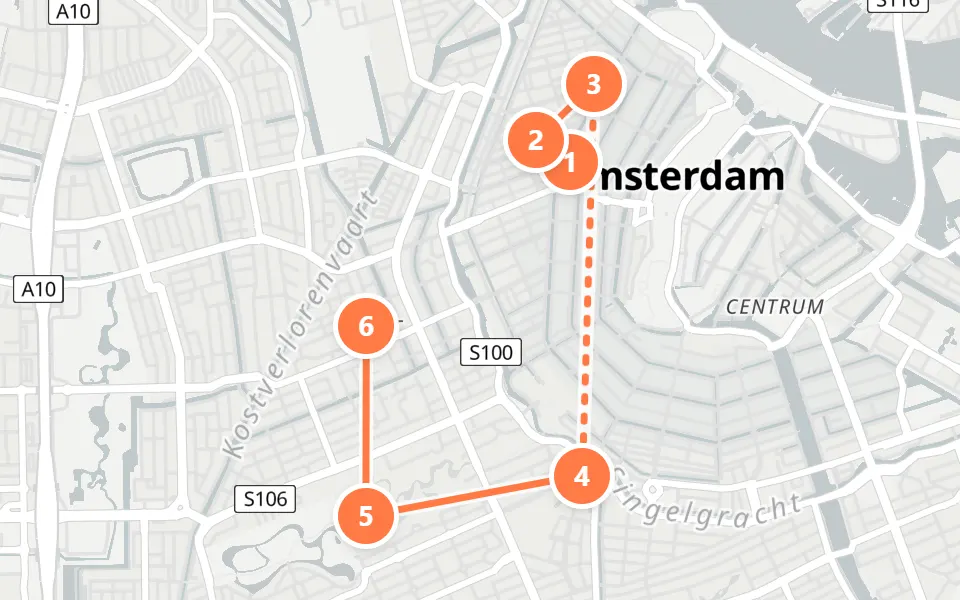 Karte von Tag 2 in Amsterdam: 6 Stopps in Gehreihenfolge
