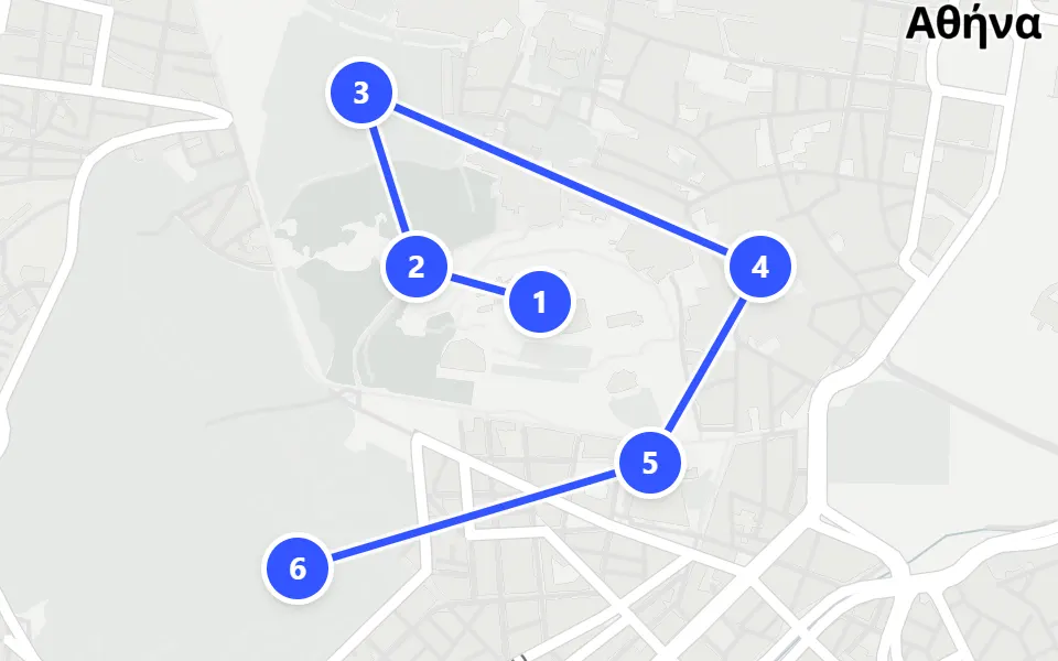 Map of day 1 in Athens: 6 stops in walking order