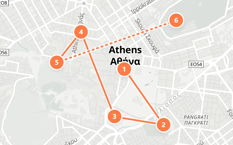 Map of day 2 in Athens: 6 stops in walking order