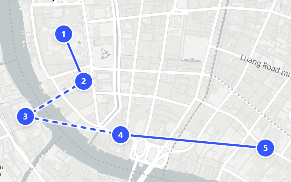 Map of day 1 in Bangkok: 5 stops in walking order