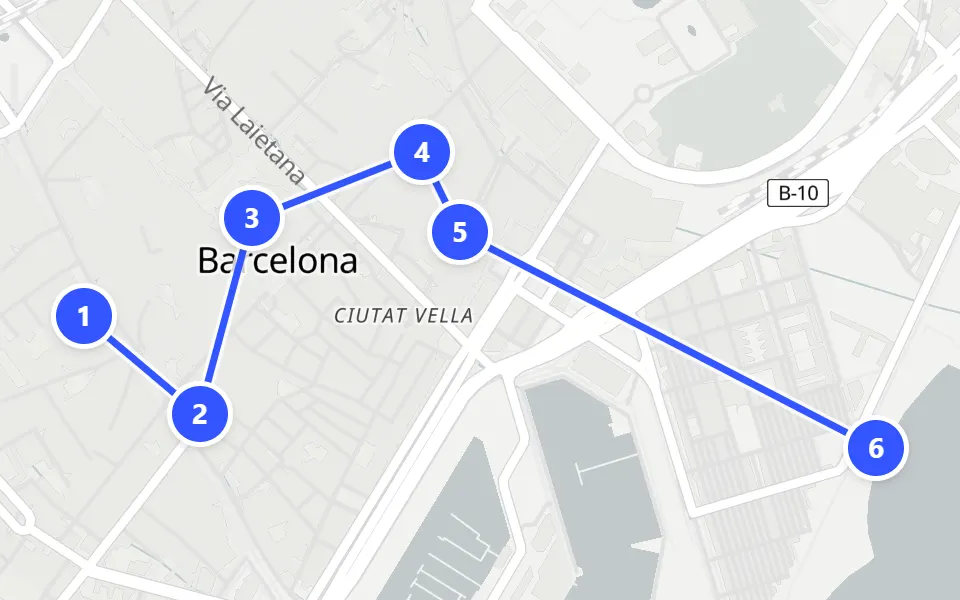 Map of day 1 in Barcelona: 6 stops in walking order