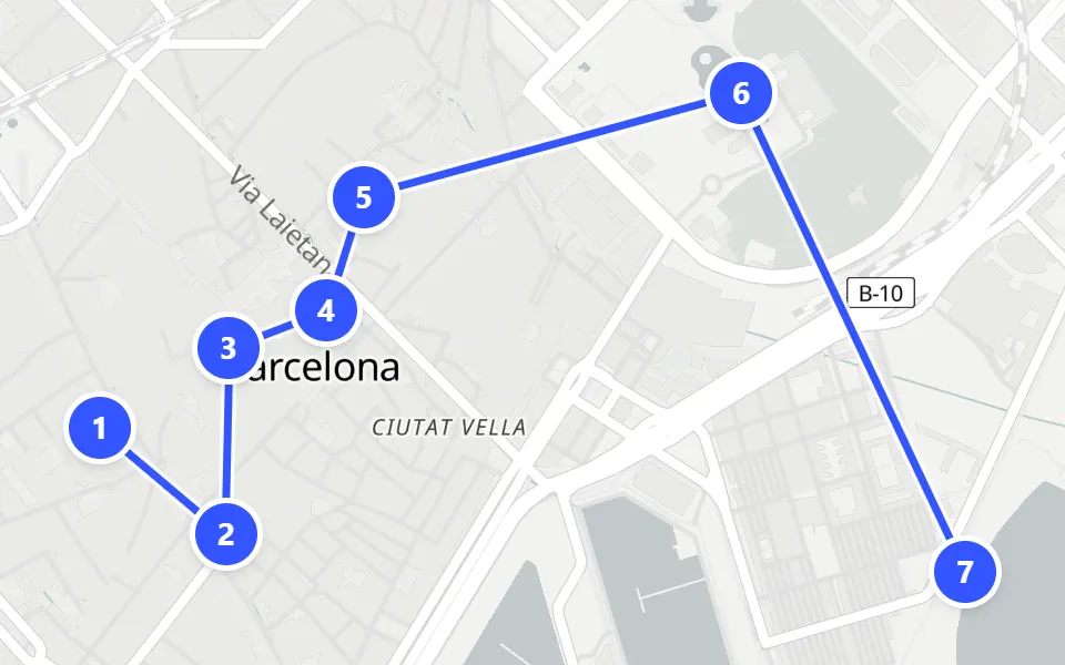 Map of day 1 in Barcelona: 7 stops in walking order