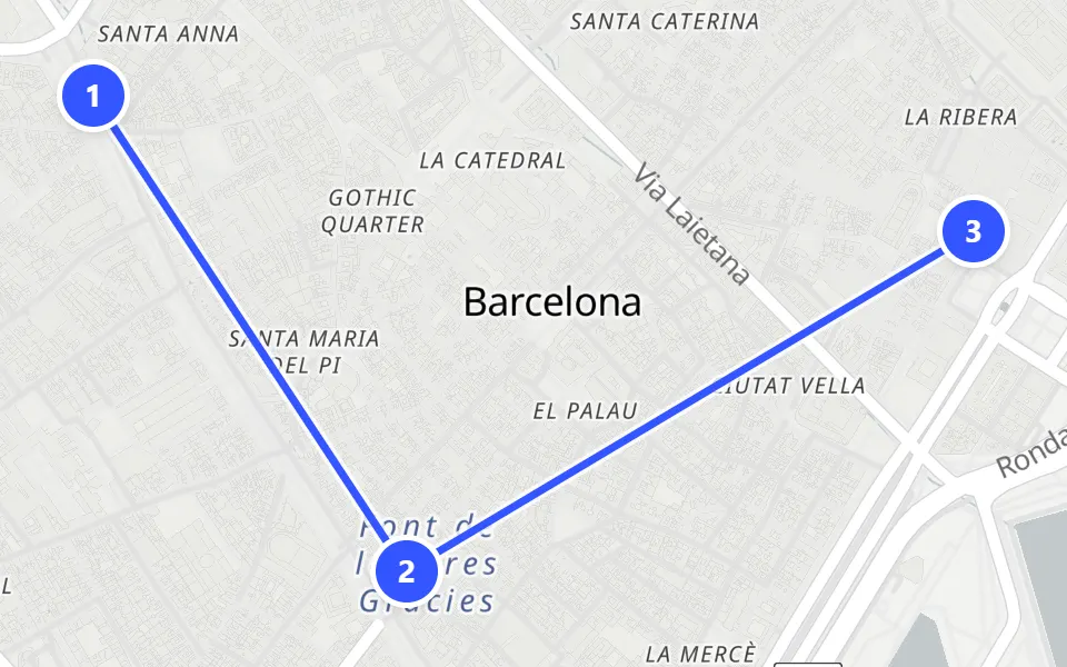 Map of day 1 in Barcelona: 3 stops in walking order