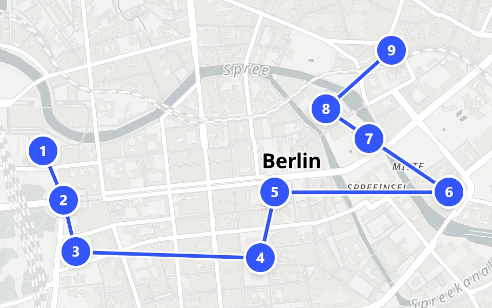 Map of day 1 in Berlin: 9 stops in walking order