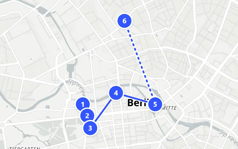 Map of day 1 in Berlin: 6 stops in walking order