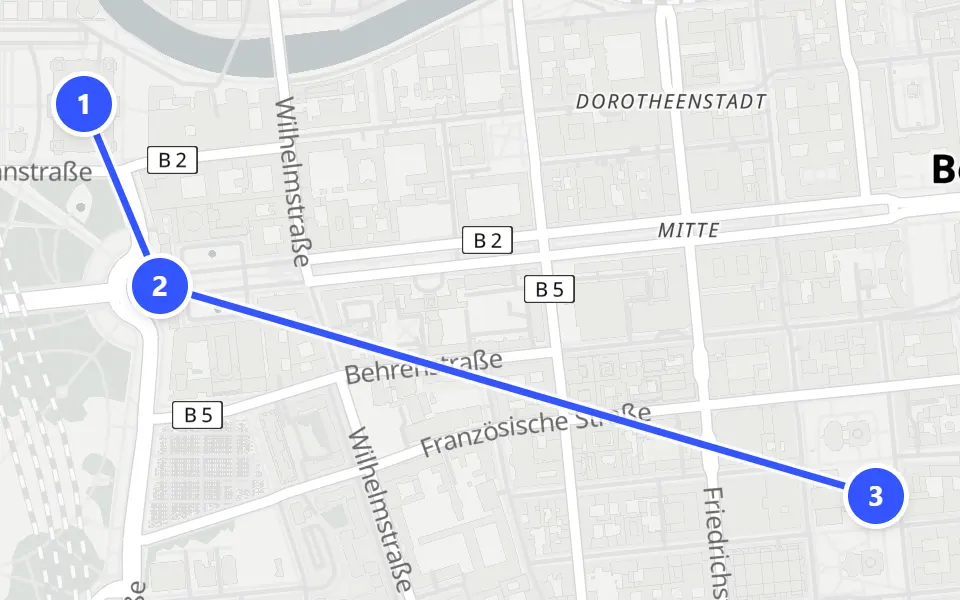 Map of day 1 in Berlin: 3 stops in walking order