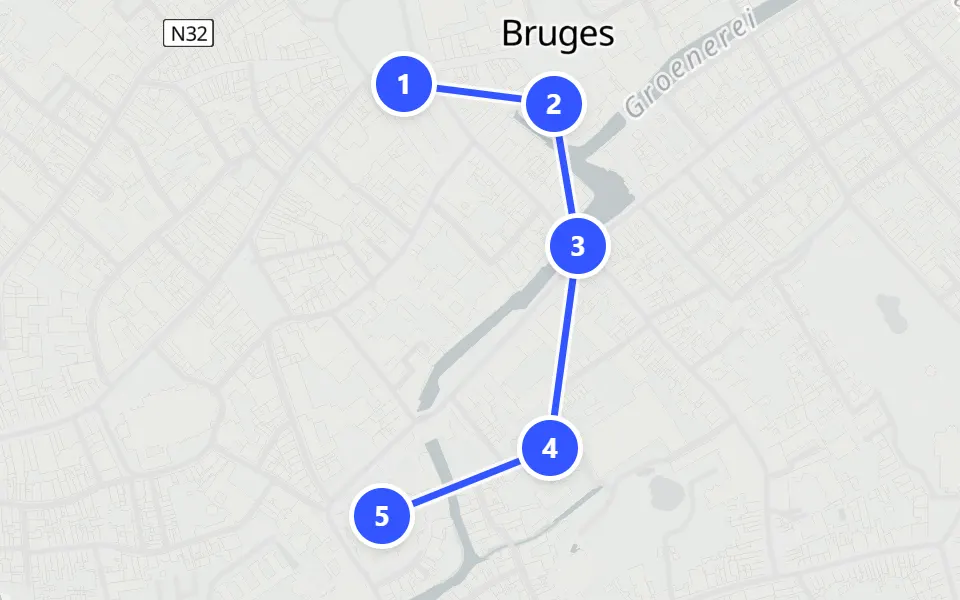 Map of day 1 in Bruges: 5 stops in walking order