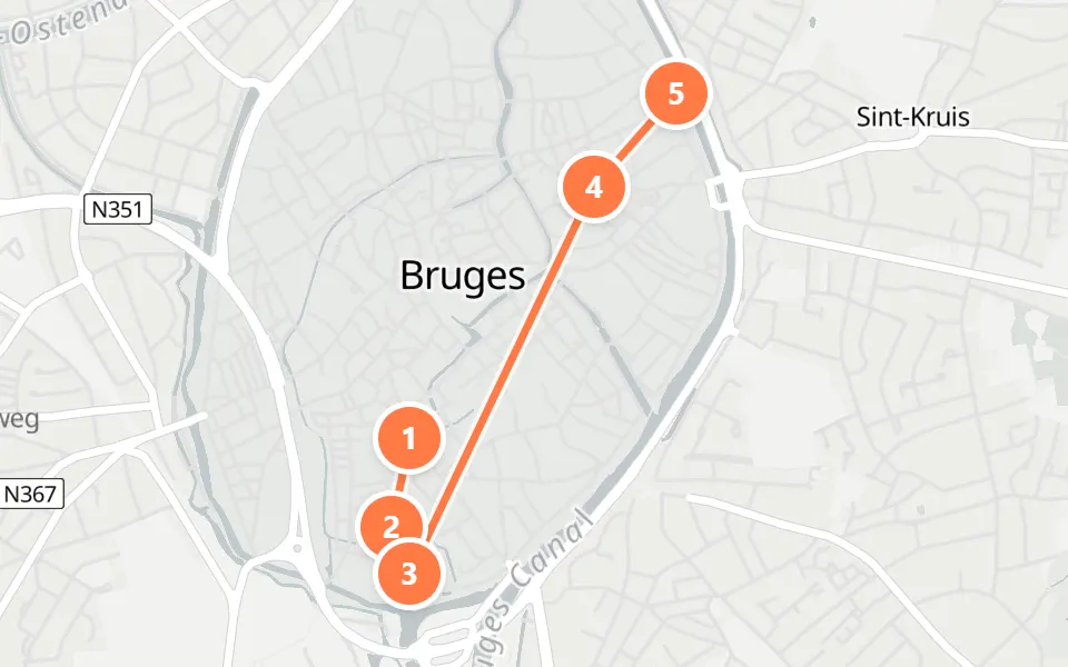 Map of day 2 in Bruges: 5 stops in walking order