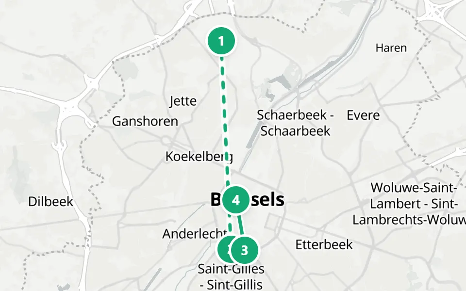 Map of day 3 in Brussels: 4 stops in walking order