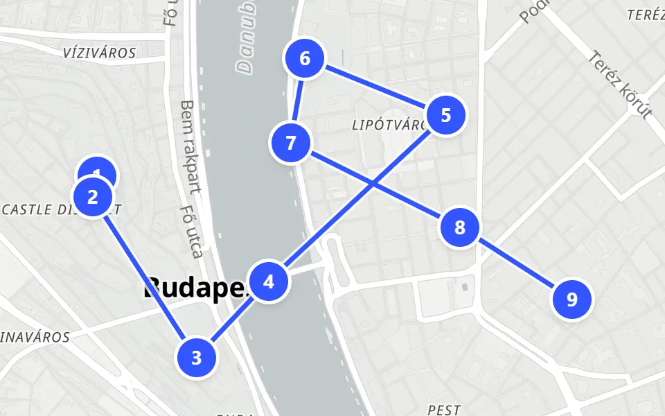 Map of day 1 in Budapest: 9 stops in walking order