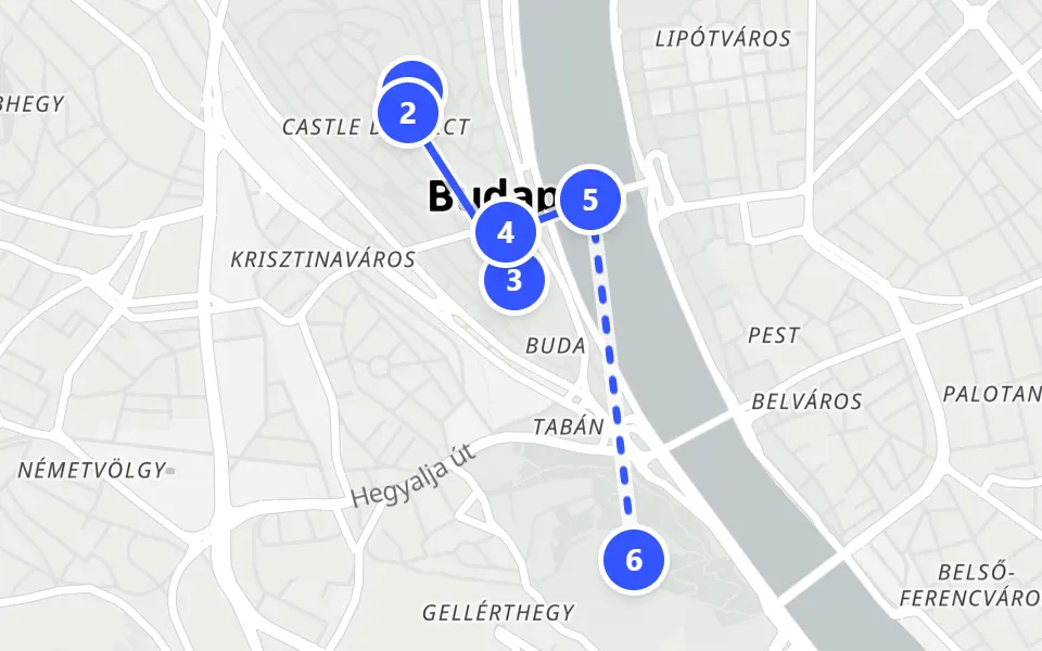 Map of day 1 in Budapest: 6 stops in walking order
