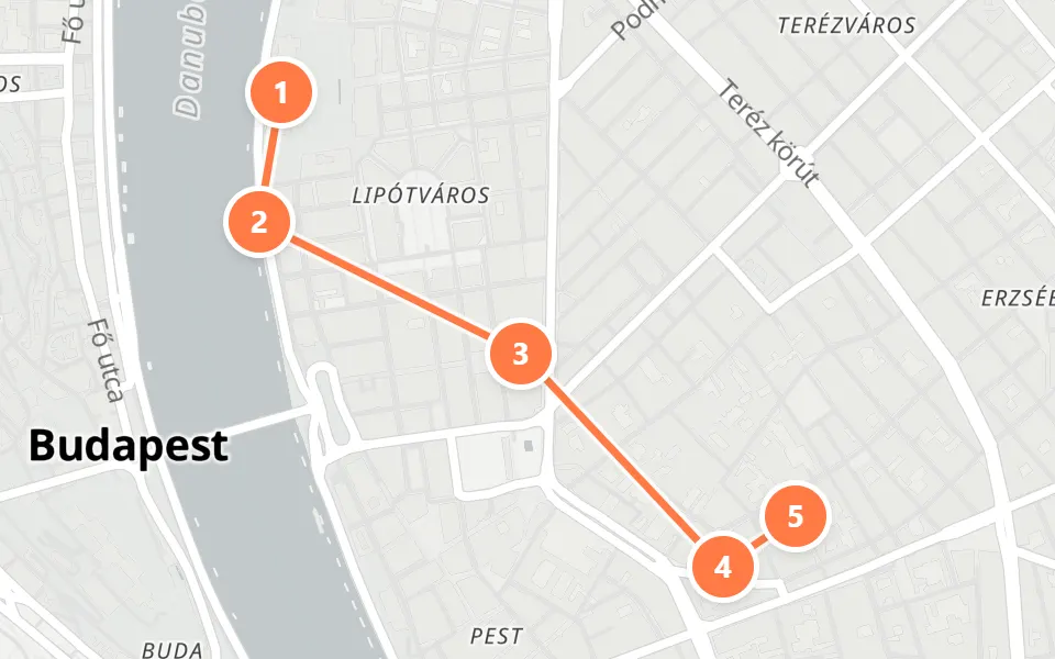 Map of day 2 in Budapest: 5 stops in walking order