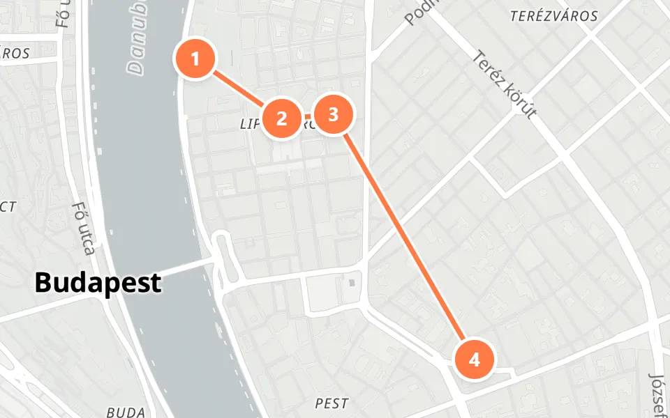 Karte von Tag 2 in Budapest: 4 Stopps in Gehreihenfolge