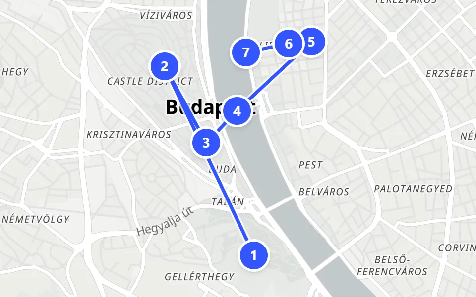 Karte von Tag 1 in Budapest: 7 Stopps in Gehreihenfolge