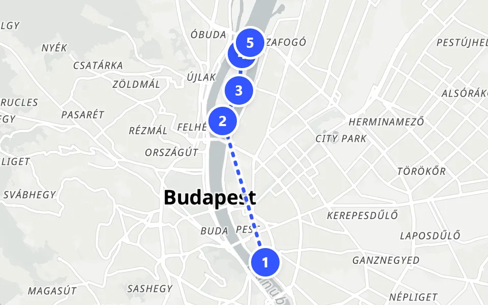 Map of day 1 in Budapest: 5 stops in walking order