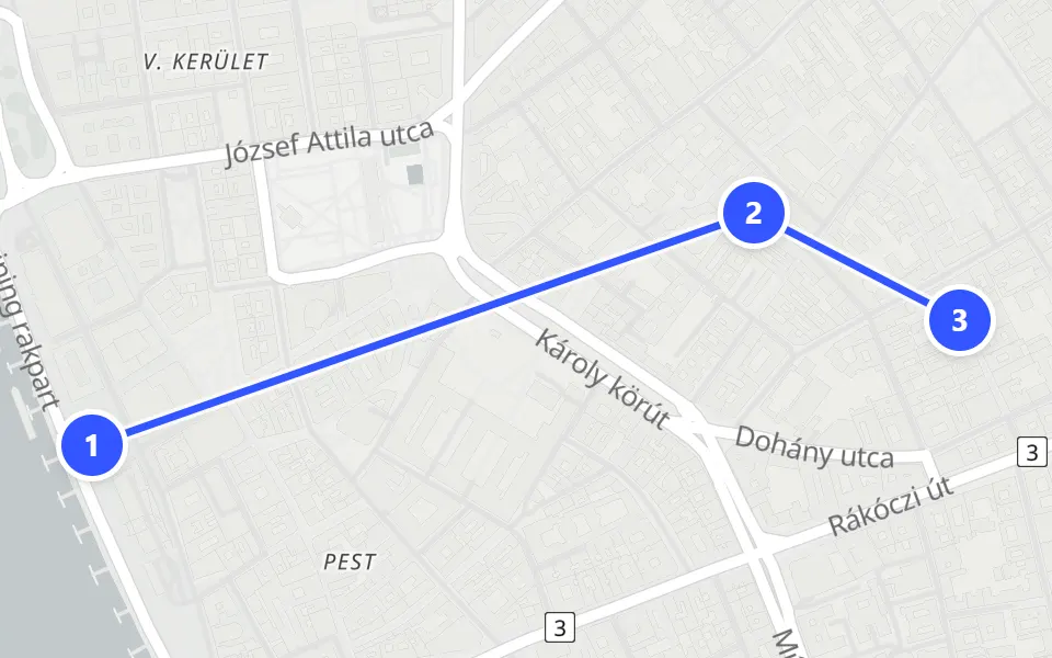 Map of day 1 in Budapest: 3 stops in walking order