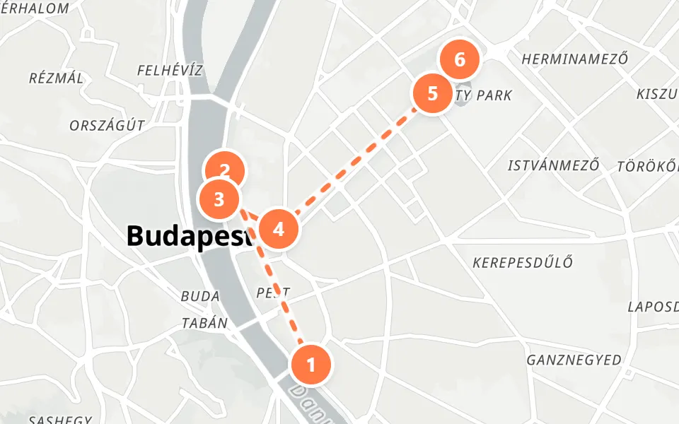Map of day 2 in Budapest: 6 stops in walking order