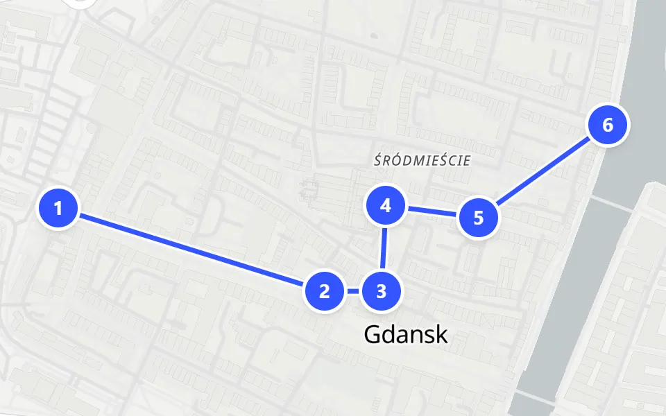 Map of day 1 in Gdańsk: 6 stops in walking order