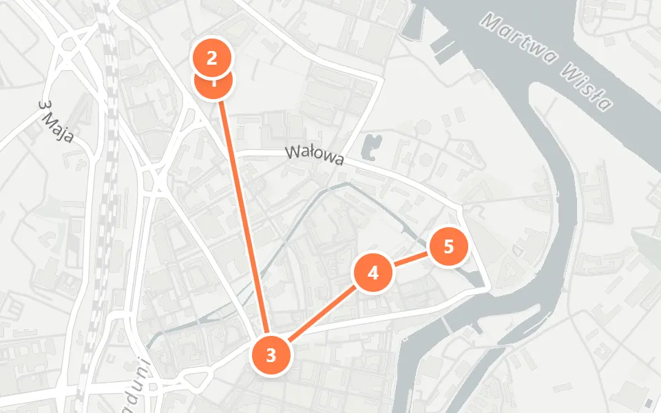 Map of day 2 in Gdańsk: 5 stops in walking order