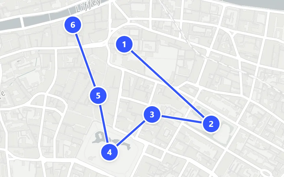 Map of day 1 in Dublin: 6 stops in walking order