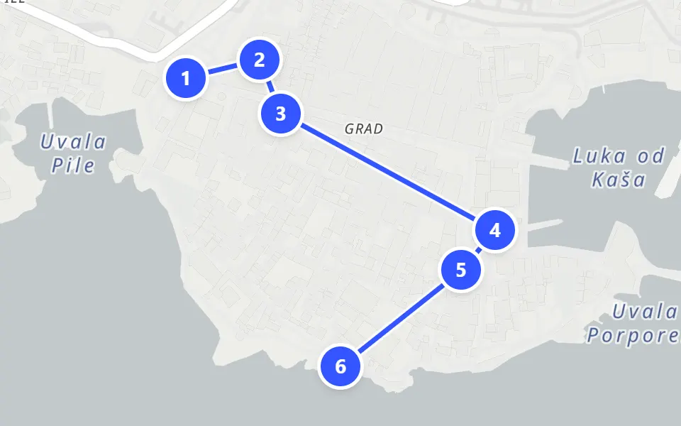 Map of day 1 in Dubrovnik: 6 stops in walking order