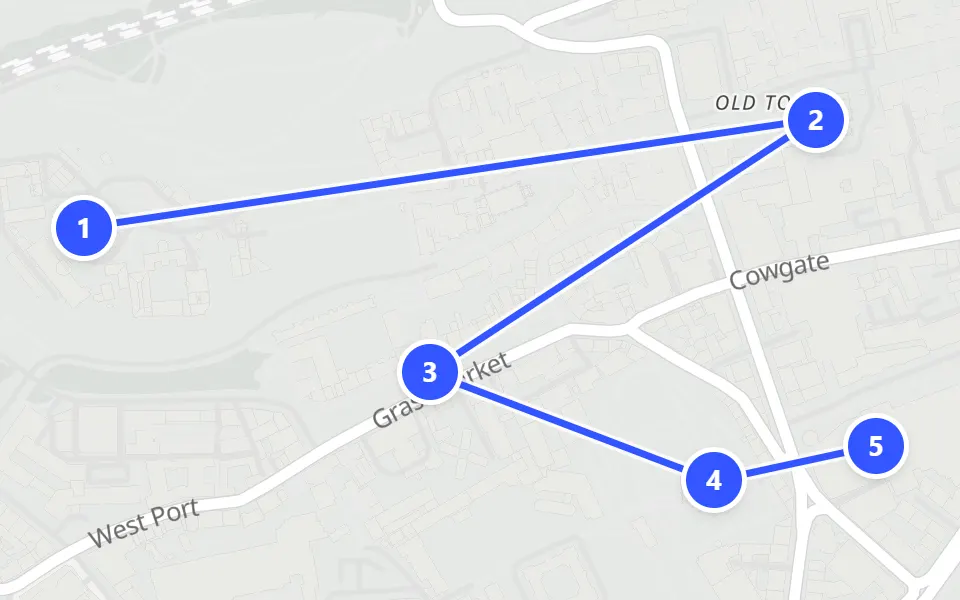 Map of day 1 in Edinburgh: 5 stops in walking order