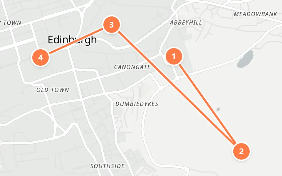 Map of day 2 in Edinburgh: 4 stops in walking order