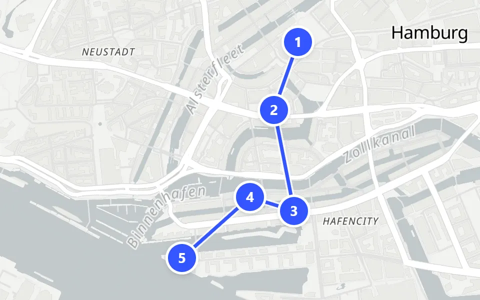 Map of day 1 in Hamburg: 5 stops in walking order