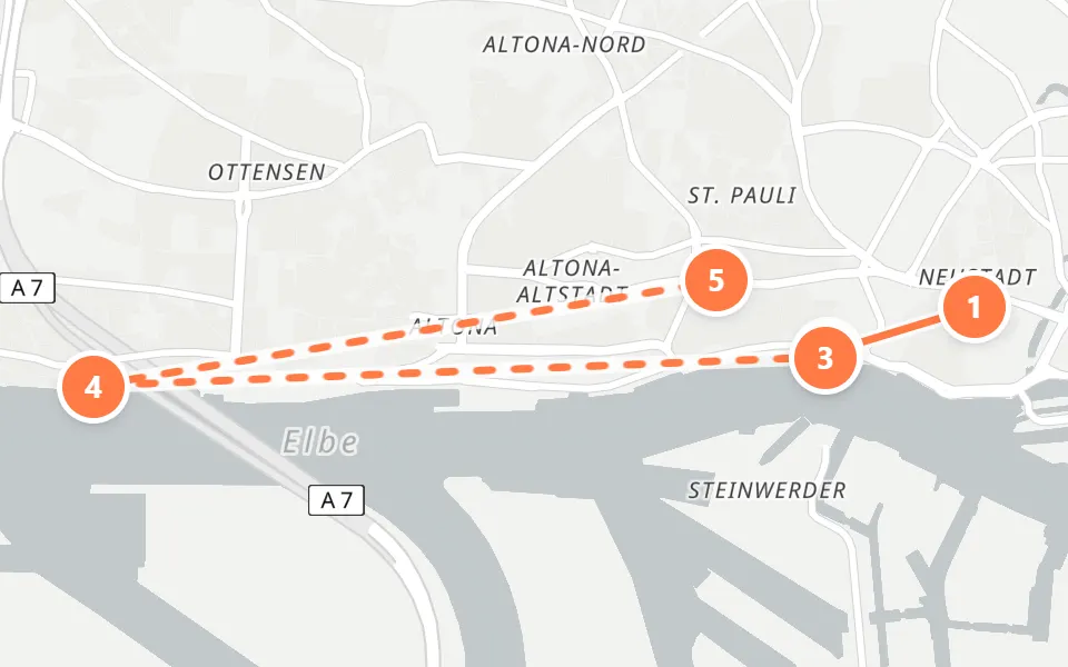 Map of day 2 in Hamburg: 5 stops in walking order