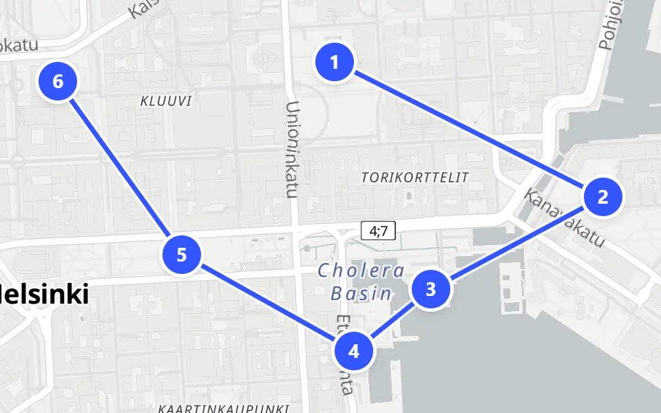 Map of day 1 in Helsinki: 6 stops in walking order