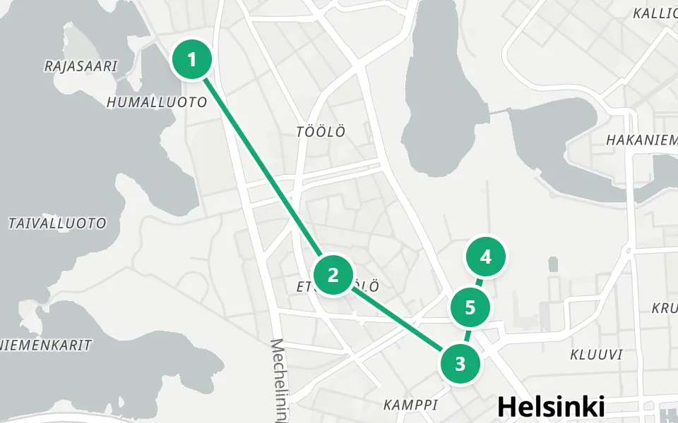 Map of day 3 in Helsinki: 5 stops in walking order