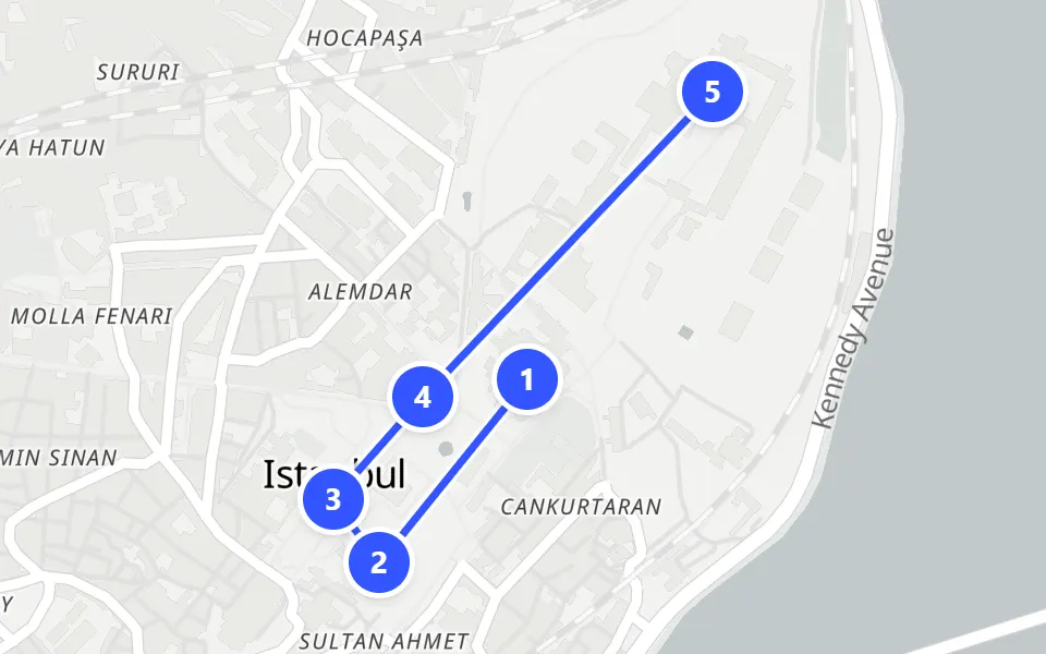 Map of day 1 in Istanbul: 5 stops in walking order