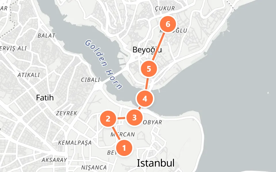 Map of day 2 in Istanbul: 6 stops in walking order