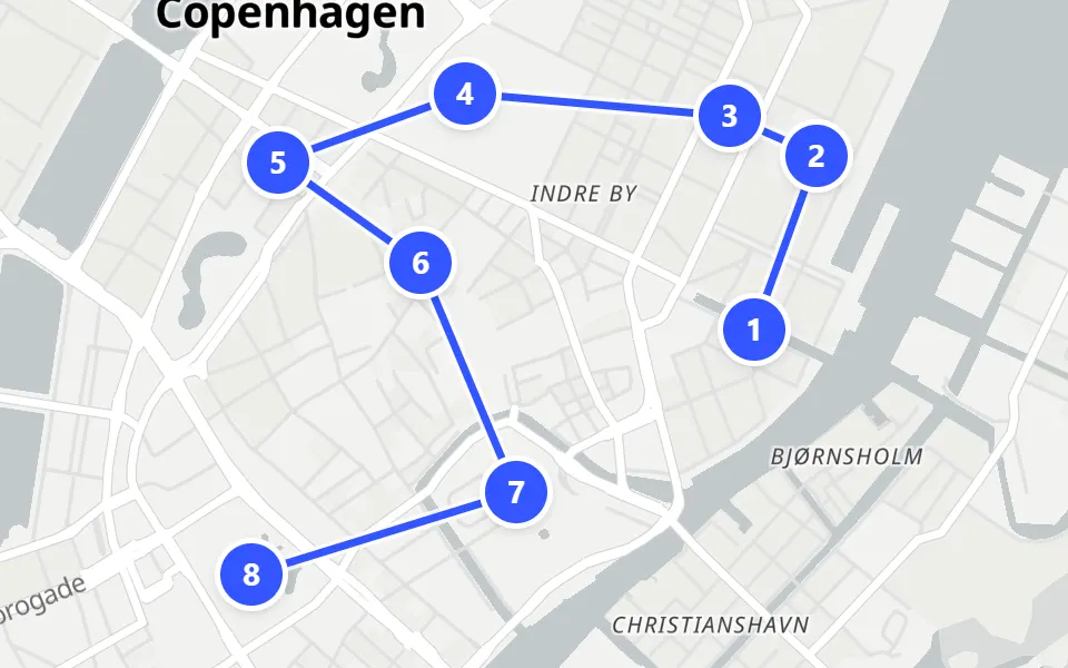 Map of day 1 in Copenhagen: 8 stops in walking order