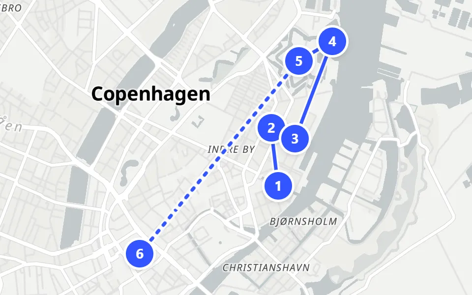 Map of day 1 in Copenhagen: 6 stops in walking order