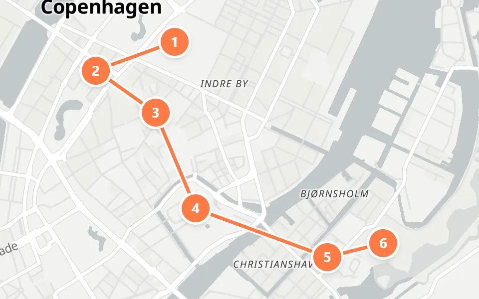 Map of day 2 in Copenhagen: 6 stops in walking order