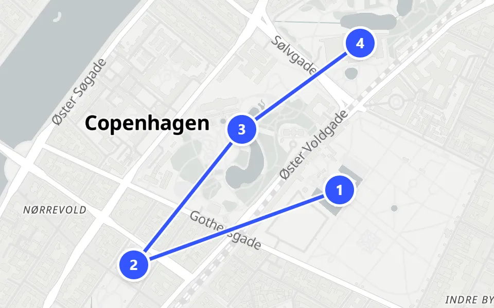 Map of day 1 in Copenhagen: 4 stops in walking order