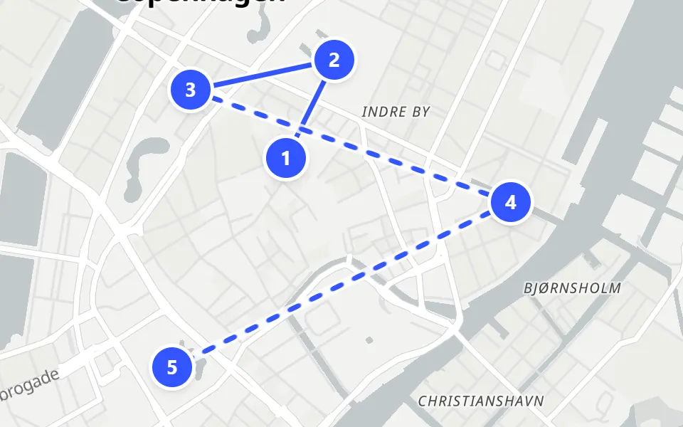 Karte von Tag 1 in Kopenhagen: 5 Stopps in Gehreihenfolge