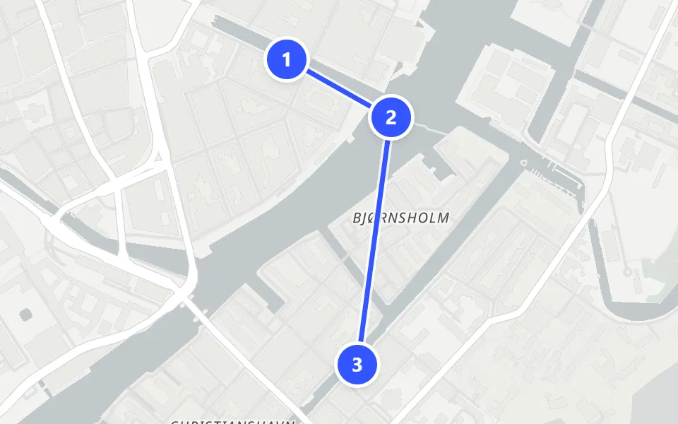 Map of day 1 in Copenhagen: 3 stops in walking order