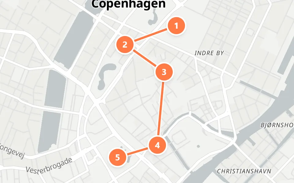 Map of day 2 in Copenhagen: 5 stops in walking order