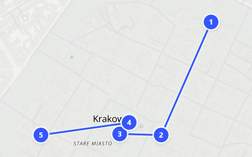 Map of day 1 in Kraków: 5 stops in walking order