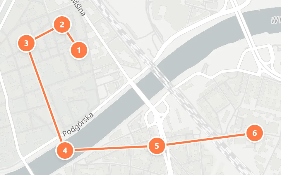 Map of day 2 in Kraków: 6 stops in walking order