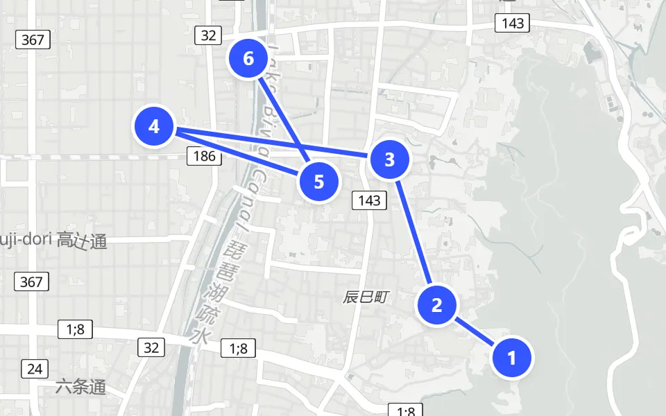 Map of day 1 in Kyoto: 6 stops in walking order