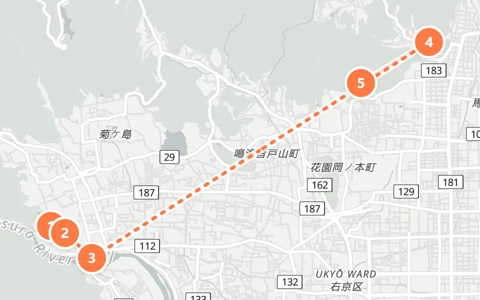 Map of day 2 in Kyoto: 5 stops in walking order